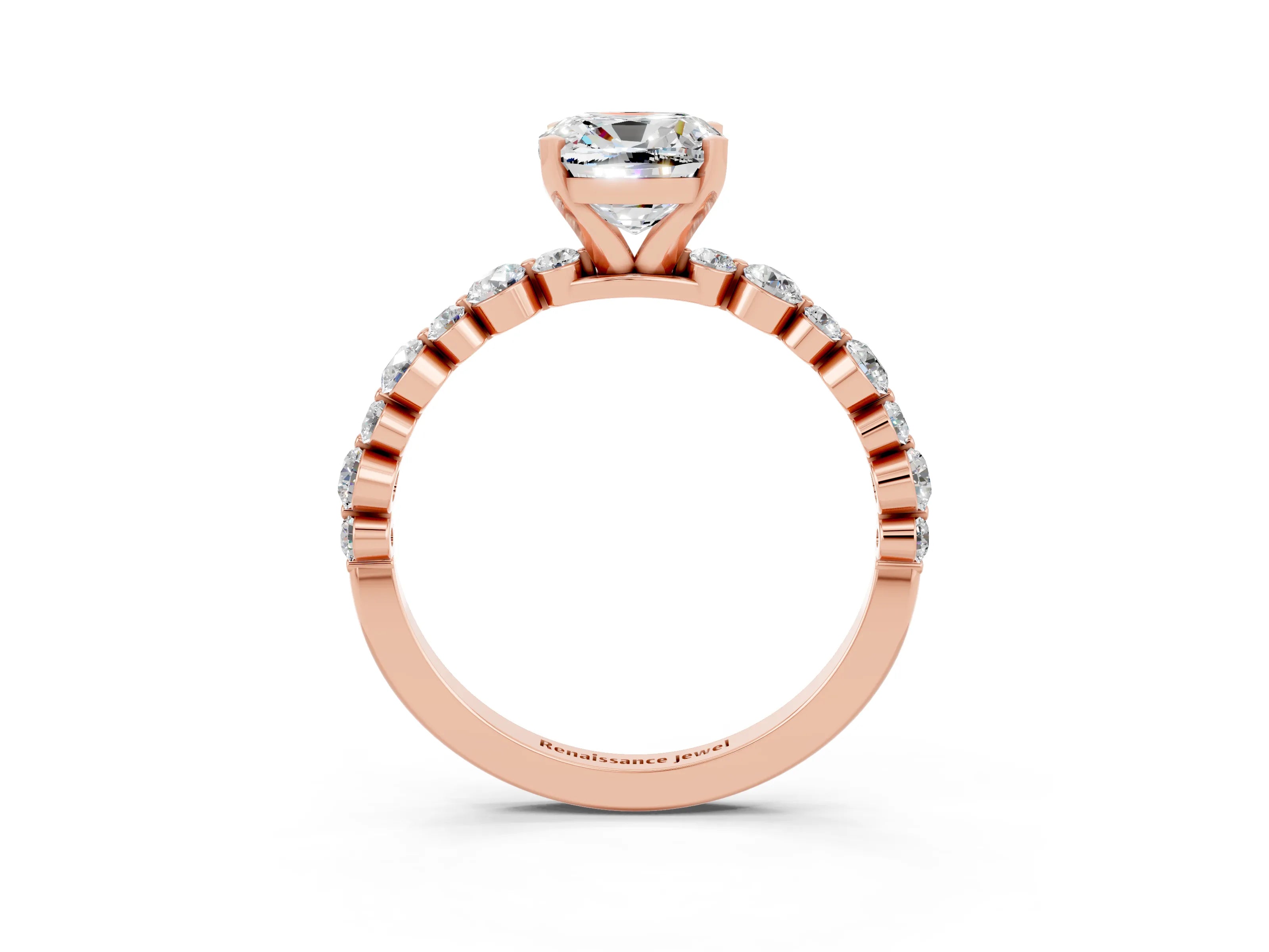 Rose gold Cushion Cut Moissanite Prong Set Engagement Ring with Pavé Band_3