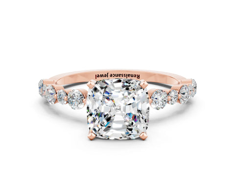 Rose gold Cushion Cut Moissanite Prong Set Engagement Ring with Pavé Band