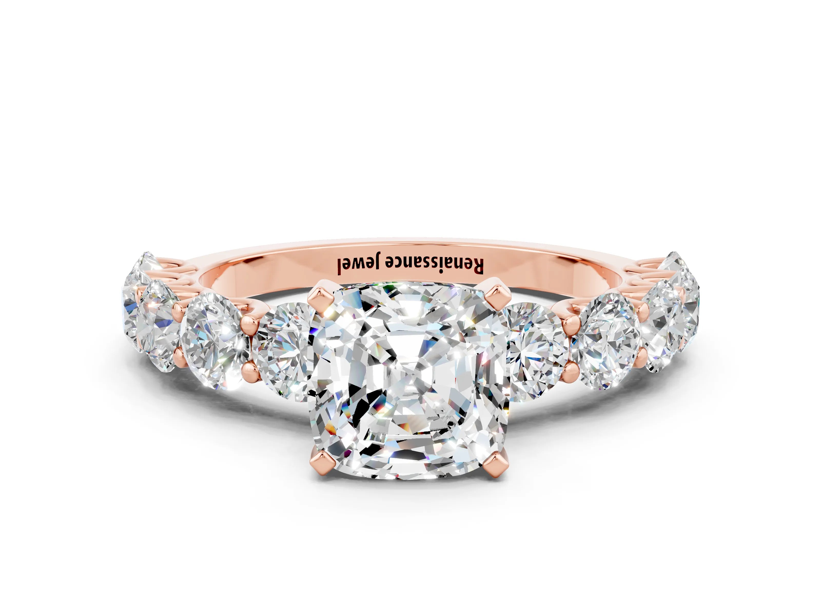 Rose gold Cushion Cut Moissanite Prong Setting with Side Stones on a Pave Band