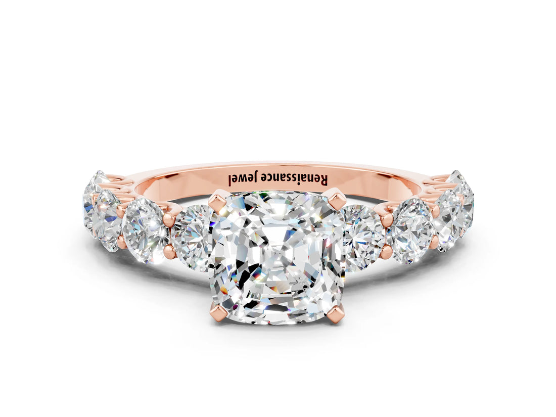Rose gold Cushion Cut Moissanite Prong Setting with Side Stones on a Pave Band