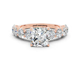 Rose gold Cushion Cut Moissanite Prong Setting with Side Stones on a Pave Band