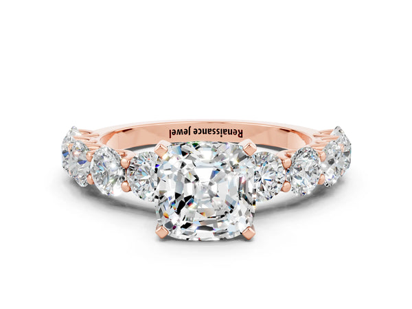 Rose gold Cushion Cut Moissanite Prong Setting with Side Stones on a Pave Band