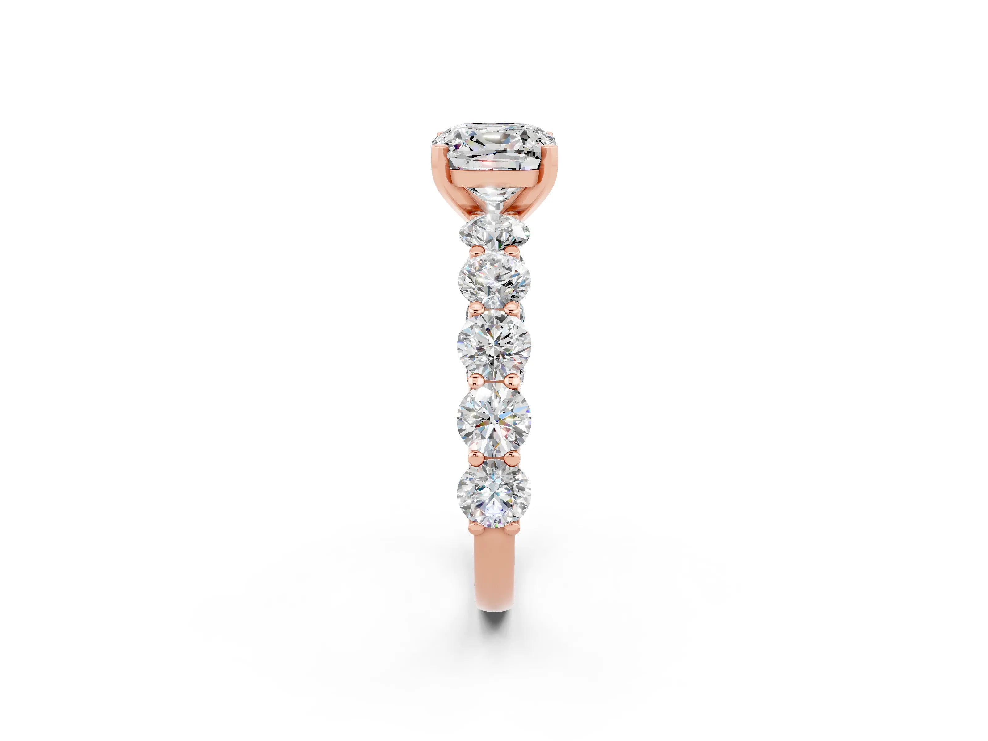 Rose gold Cushion Cut Moissanite Prong Setting with Side Stones on a Pave Band_2