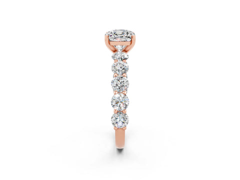 Rose gold Cushion Cut Moissanite Prong Setting with Side Stones on a Pave Band_2