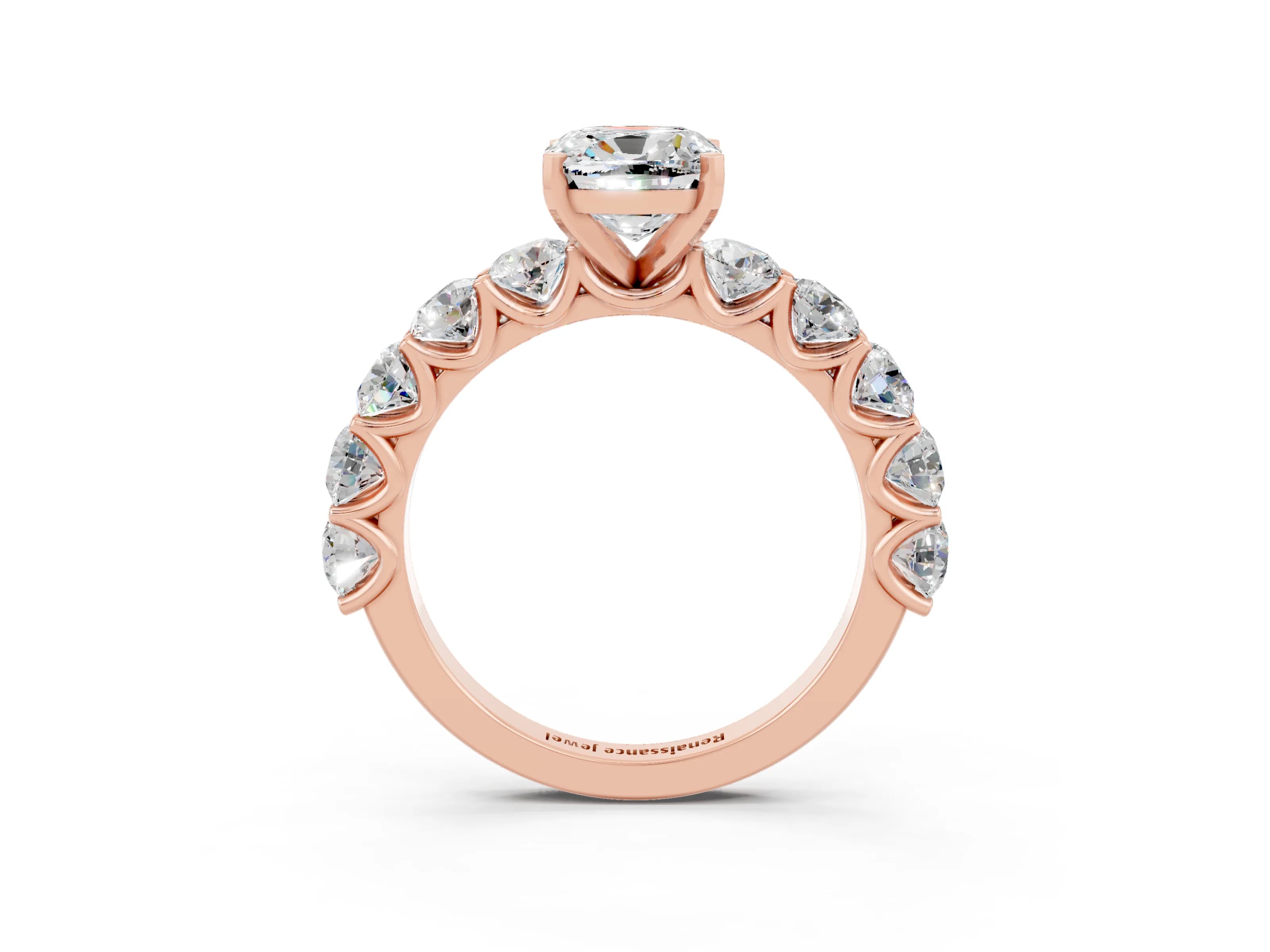 Rose gold Cushion Cut Moissanite Prong Setting with Side Stones on a Pave Band_3