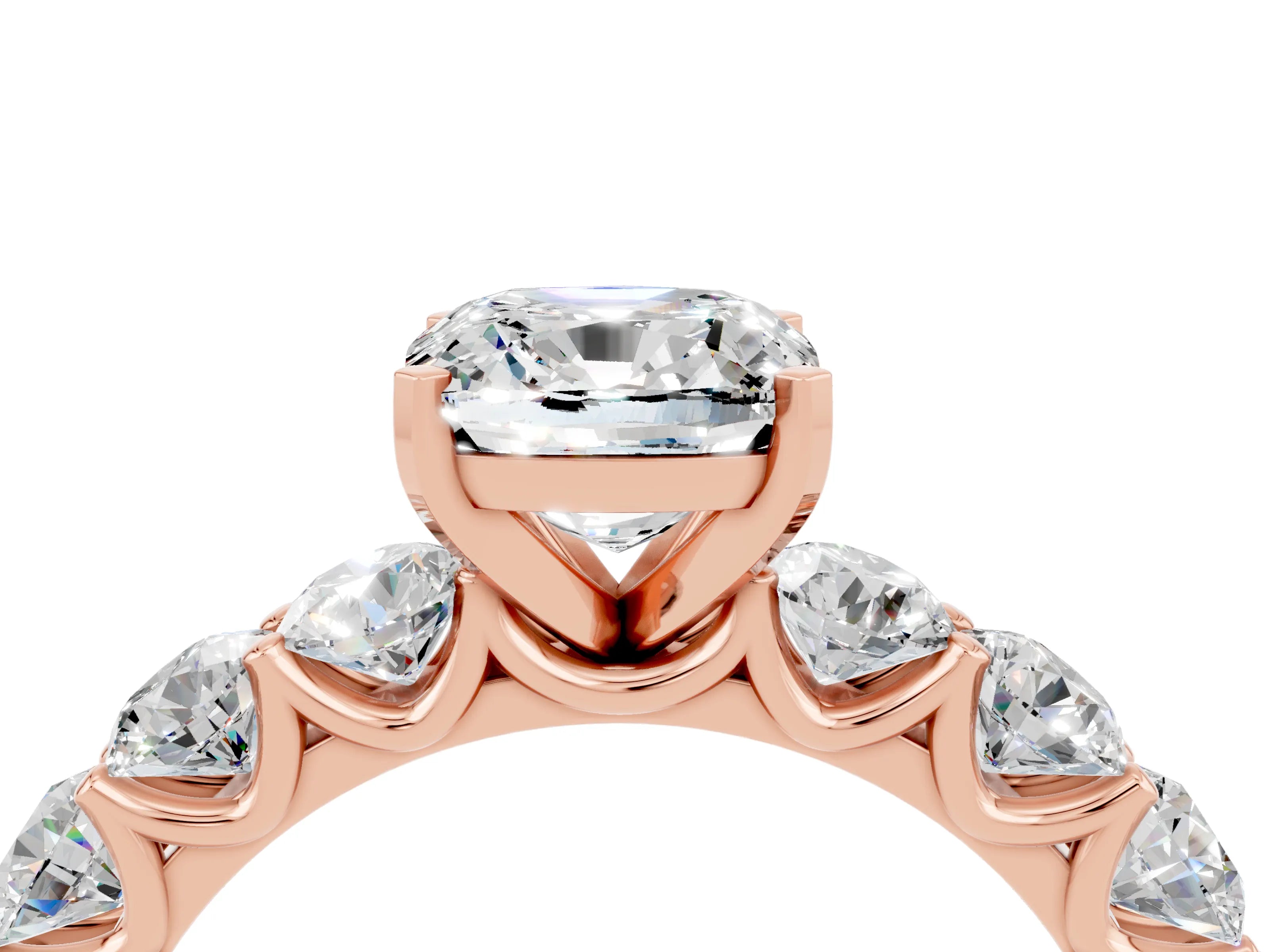 Rose gold Cushion Cut Moissanite Prong Setting with Side Stones on a Pave Band_4