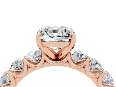 Rose gold Cushion Cut Moissanite Prong Setting with Side Stones on a Pave Band_4