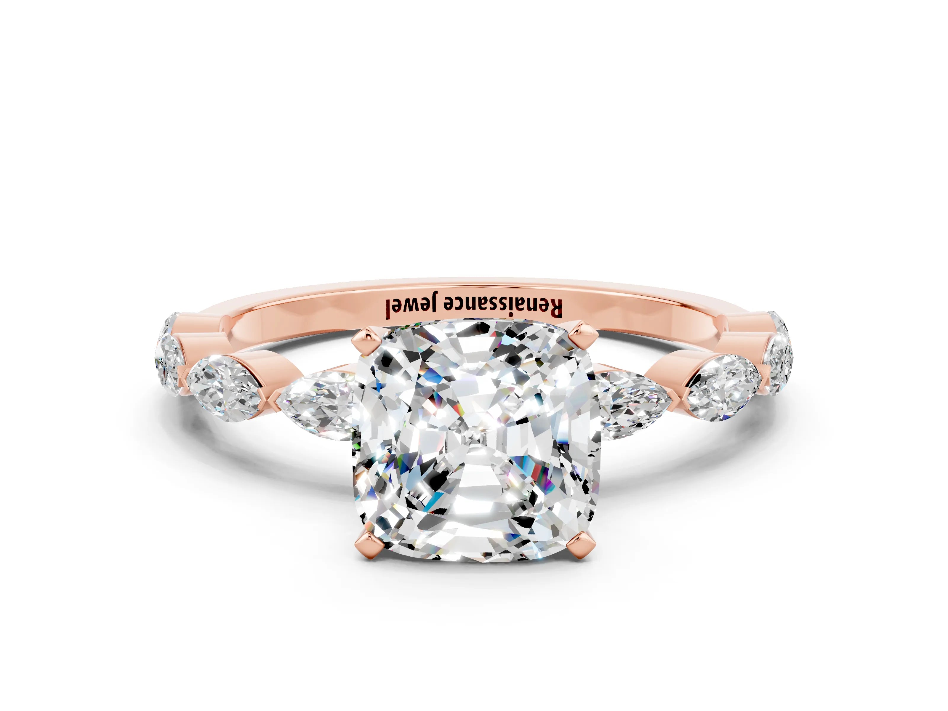 Rose gold Cushion Cut Moissanite Ring with Marquise Side Stones and Prong Setting