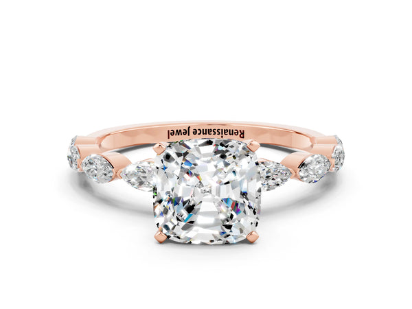Rose gold Cushion Cut Moissanite Ring with Marquise Side Stones and Prong Setting