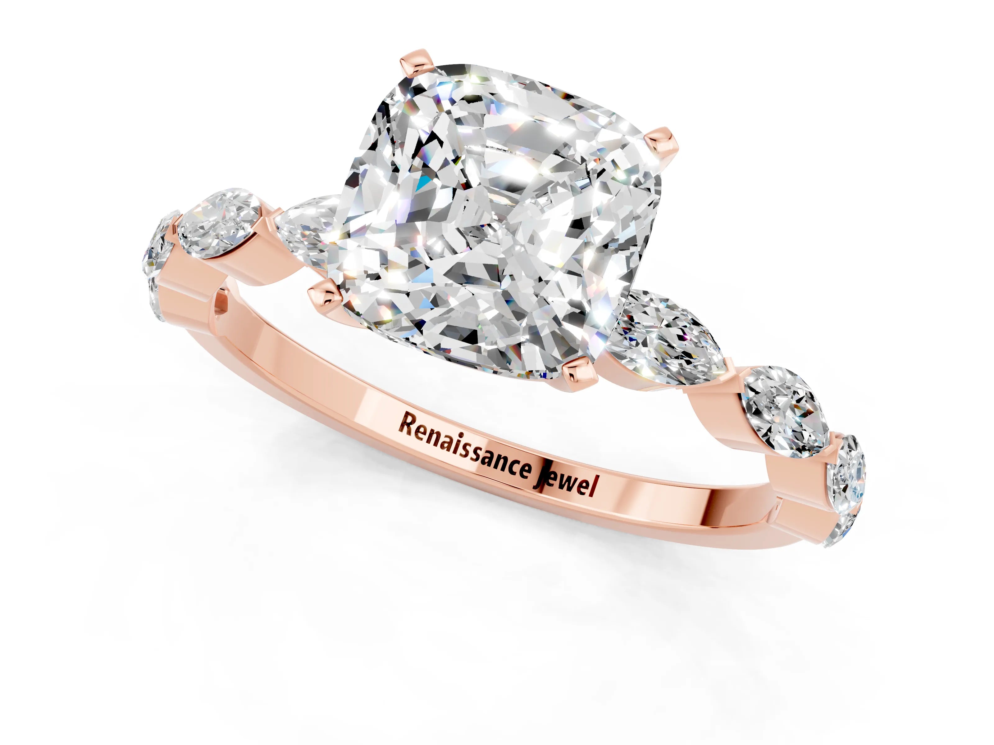 Rose gold Cushion Cut Moissanite Ring with Marquise Side Stones and Prong Setting_1