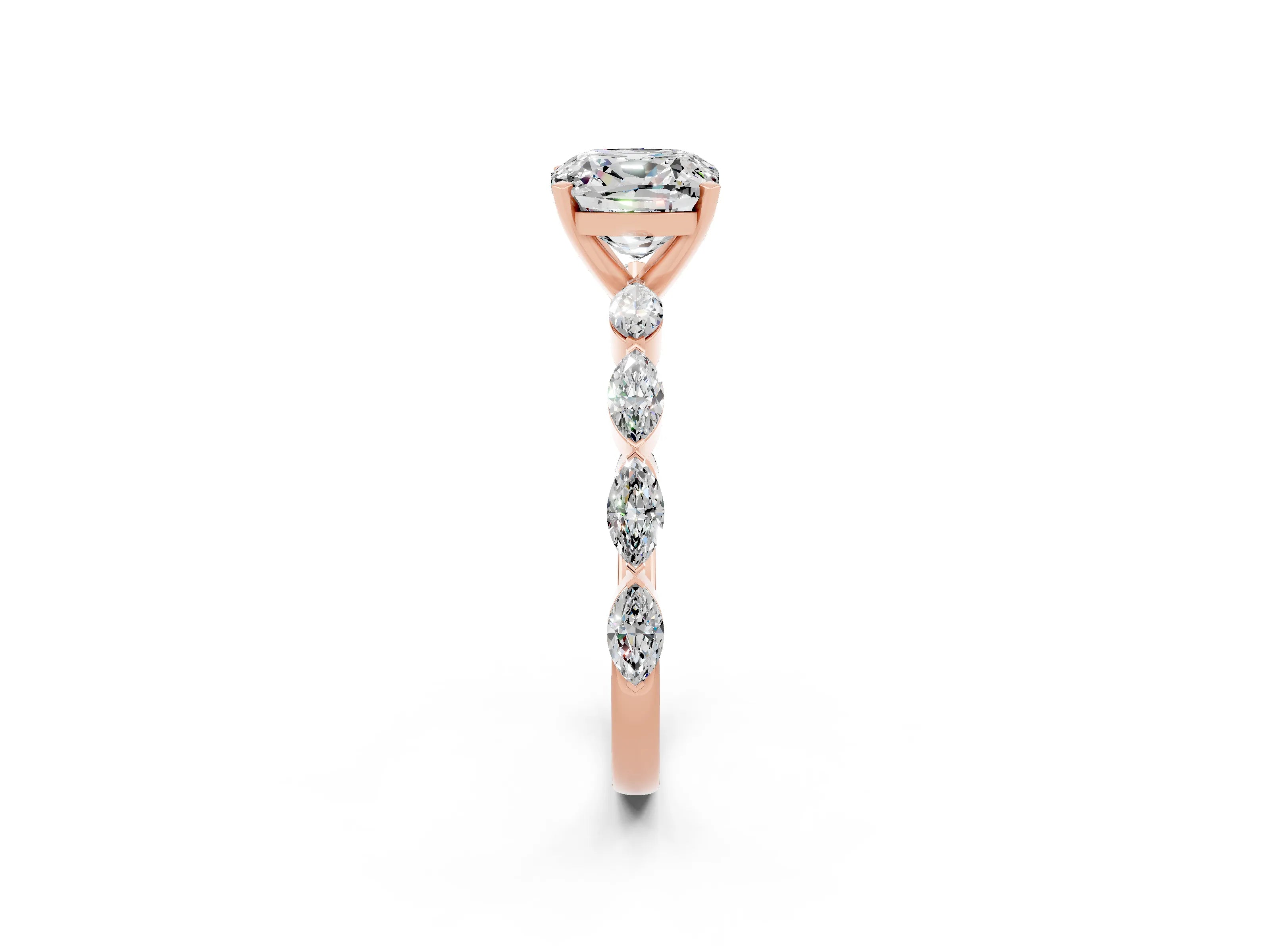 Rose gold Cushion Cut Moissanite Ring with Marquise Side Stones and Prong Setting_2