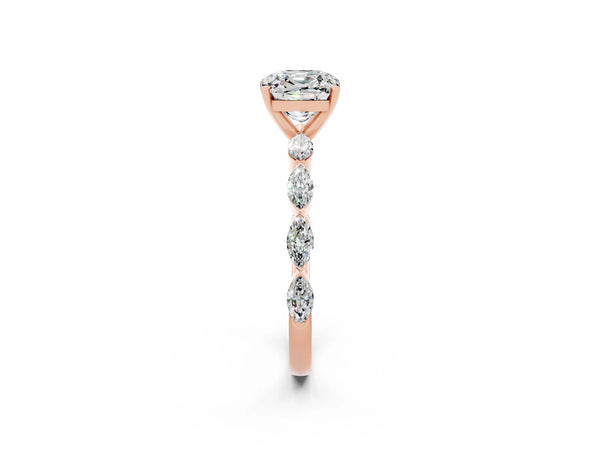 Rose gold Cushion Cut Moissanite Ring with Marquise Side Stones and Prong Setting