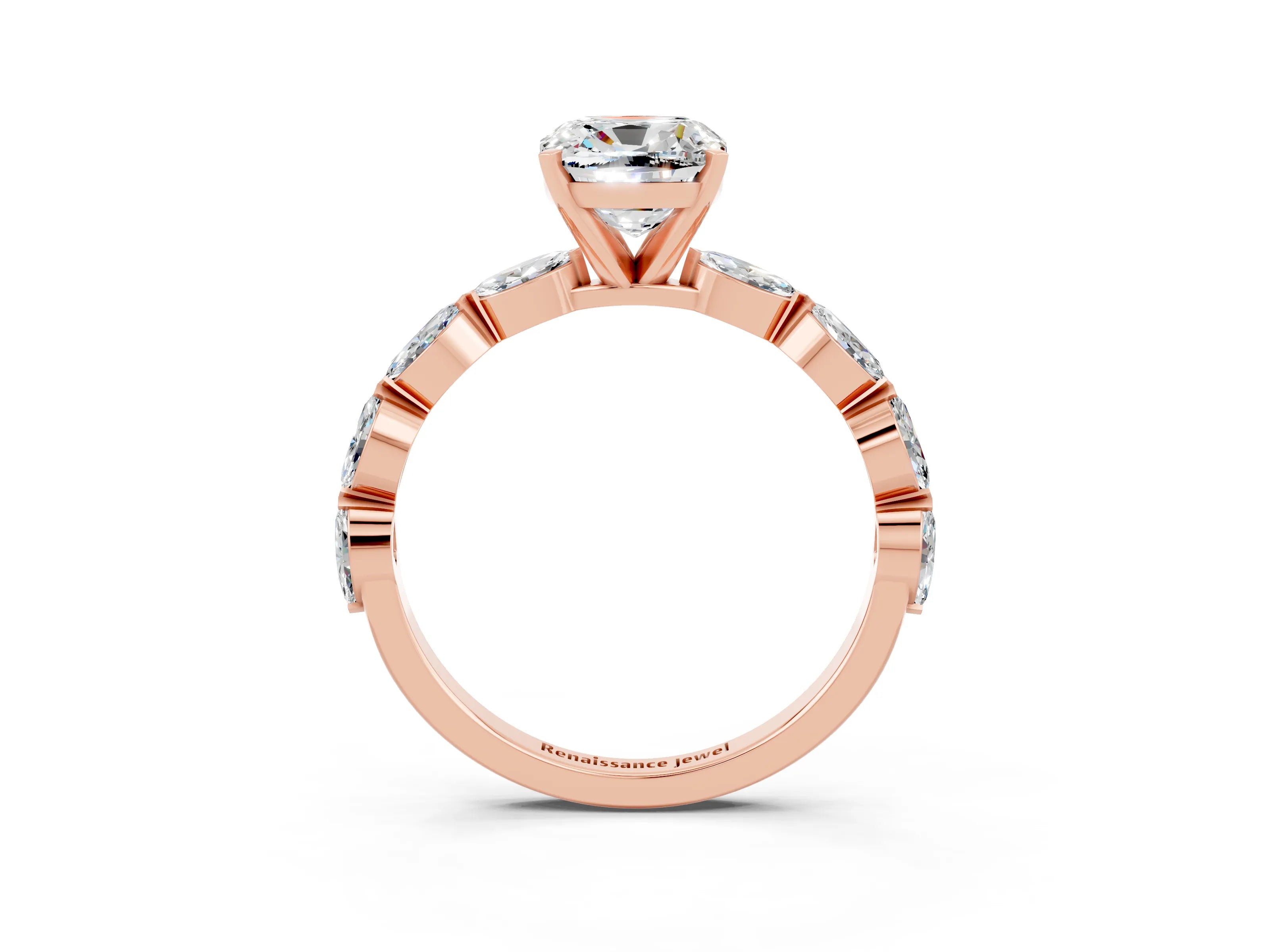Rose gold Cushion Cut Moissanite Ring with Marquise Side Stones and Prong Setting_3