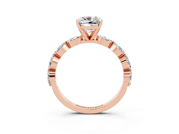 Rose gold Cushion Cut Moissanite Ring with Marquise Side Stones and Prong Setting