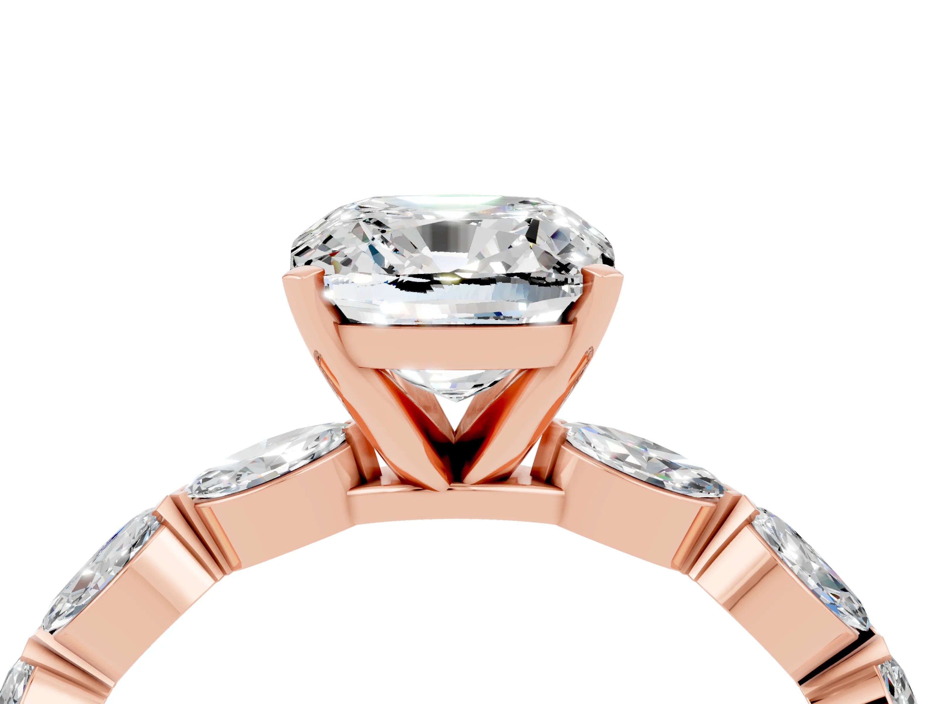 Rose gold Cushion Cut Moissanite Ring with Marquise Side Stones and Prong Setting_4