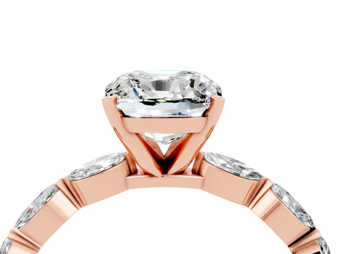 Rose gold Cushion Cut Moissanite Ring with Marquise Side Stones and Prong Setting_4