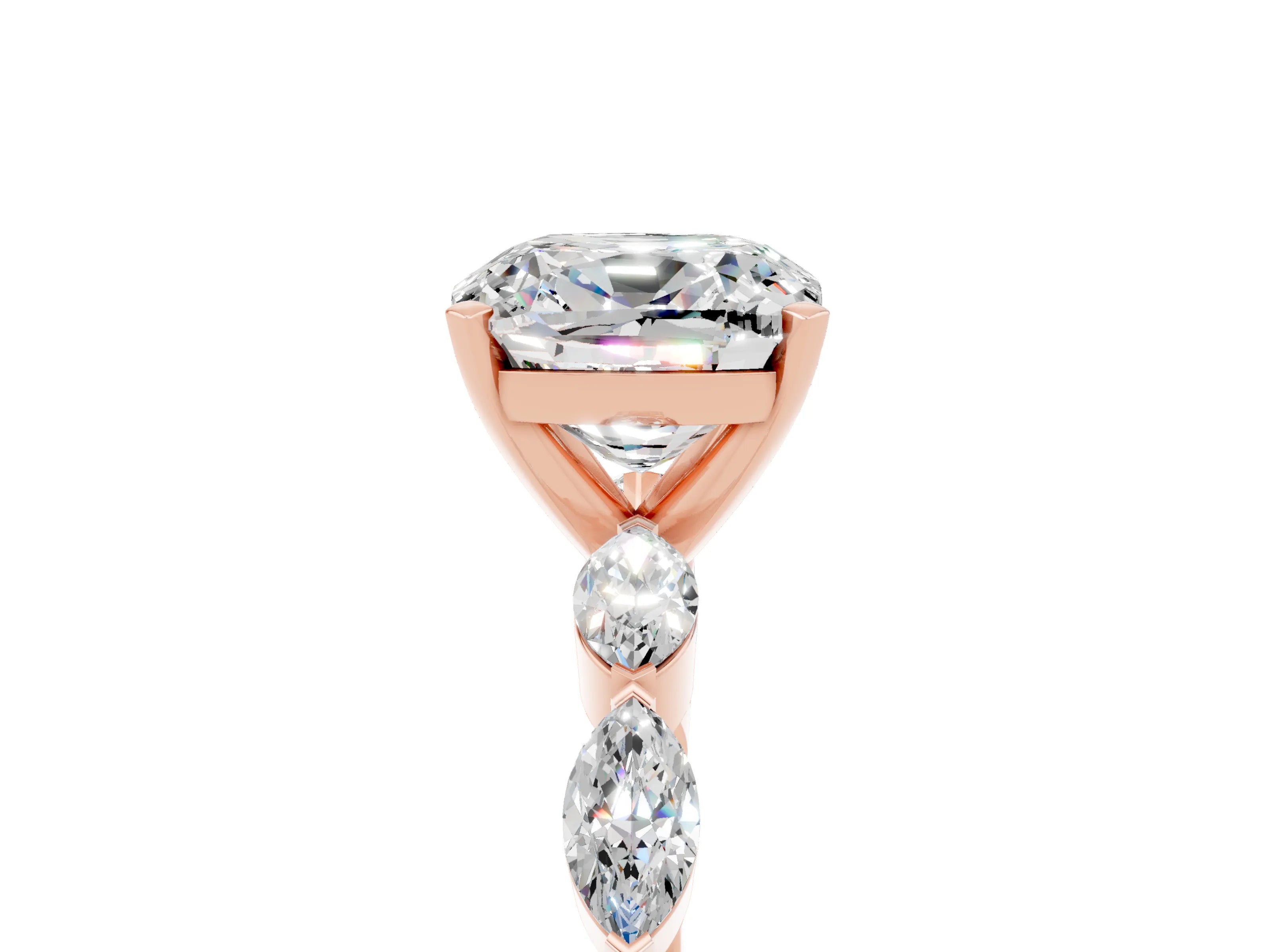 Rose gold Cushion Cut Moissanite Ring with Marquise Side Stones and Prong Setting_5