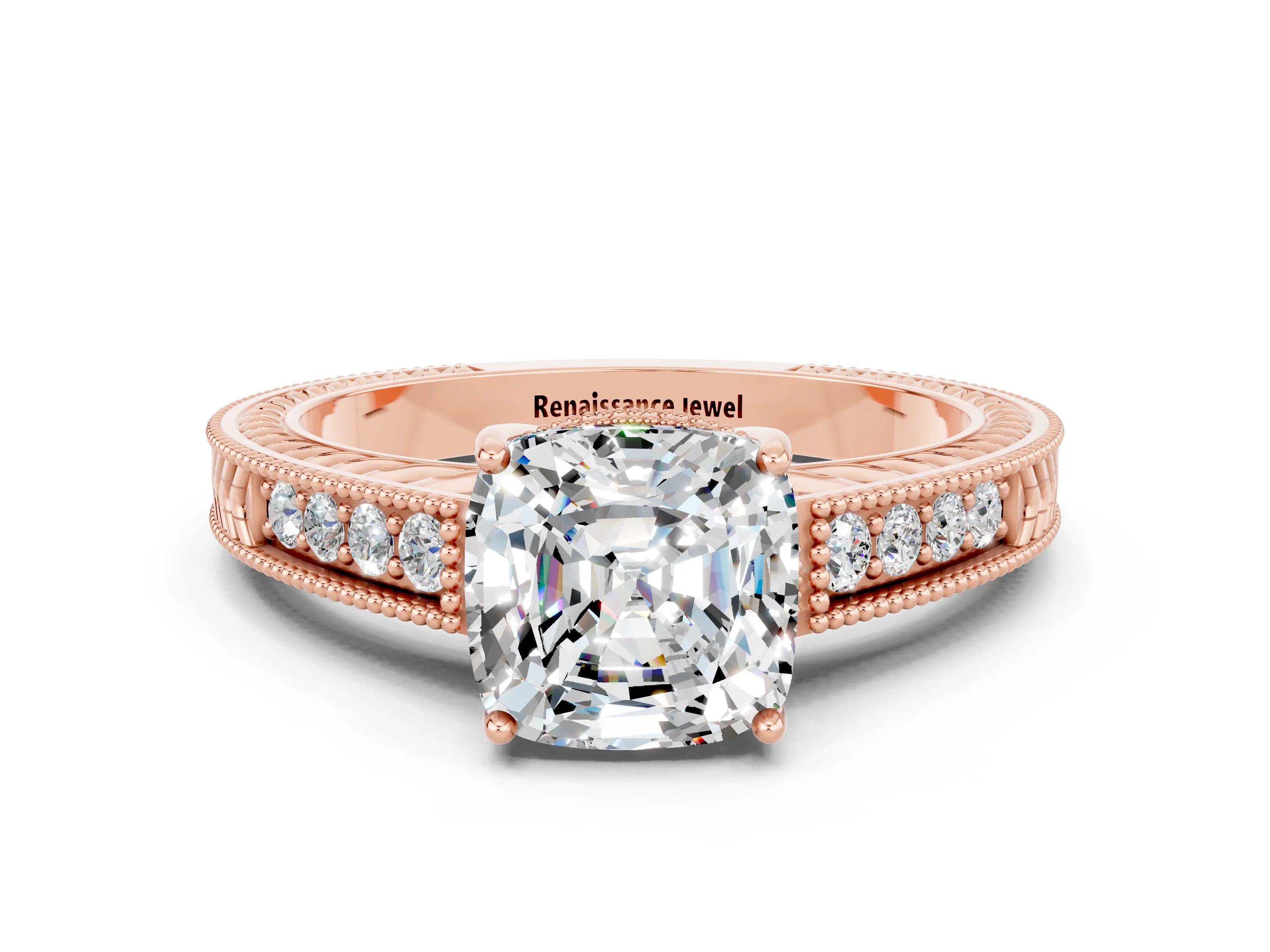 Rose gold Cushion Cut Moissanite Ring with Milgrain Pavé Band and Four-Prong Setting_12
