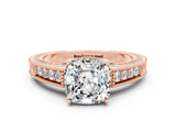 Rose gold Cushion Cut Moissanite Ring with Milgrain Pavé Band and Four-Prong Setting_12