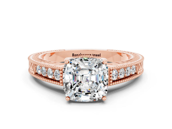 Rose gold Cushion Cut Moissanite Ring with Milgrain Pavé Band and Four-Prong Setting