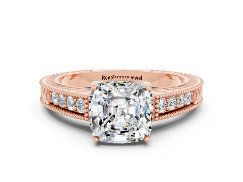 Rose gold Cushion Cut Moissanite Ring with Milgrain Pavé Band and Four-Prong Setting_12