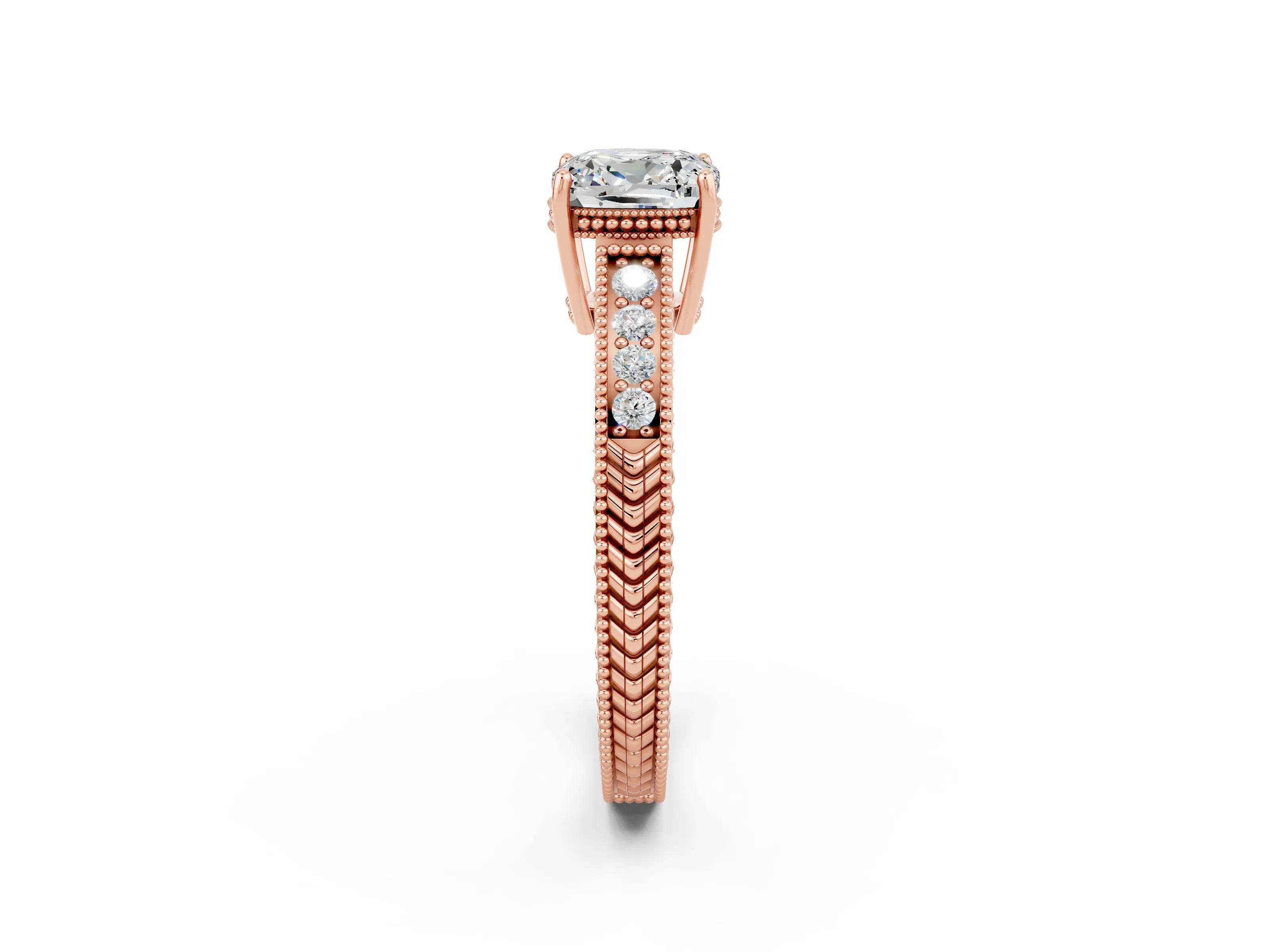 Rose gold Cushion Cut Moissanite Ring with Milgrain Pavé Band and Four-Prong Setting_14