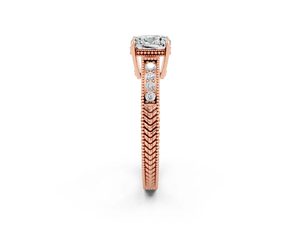 Rose gold Cushion Cut Moissanite Ring with Milgrain Pavé Band and Four-Prong Setting