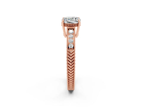 Rose gold Cushion Cut Moissanite Ring with Milgrain Pavé Band and Four-Prong Setting_14
