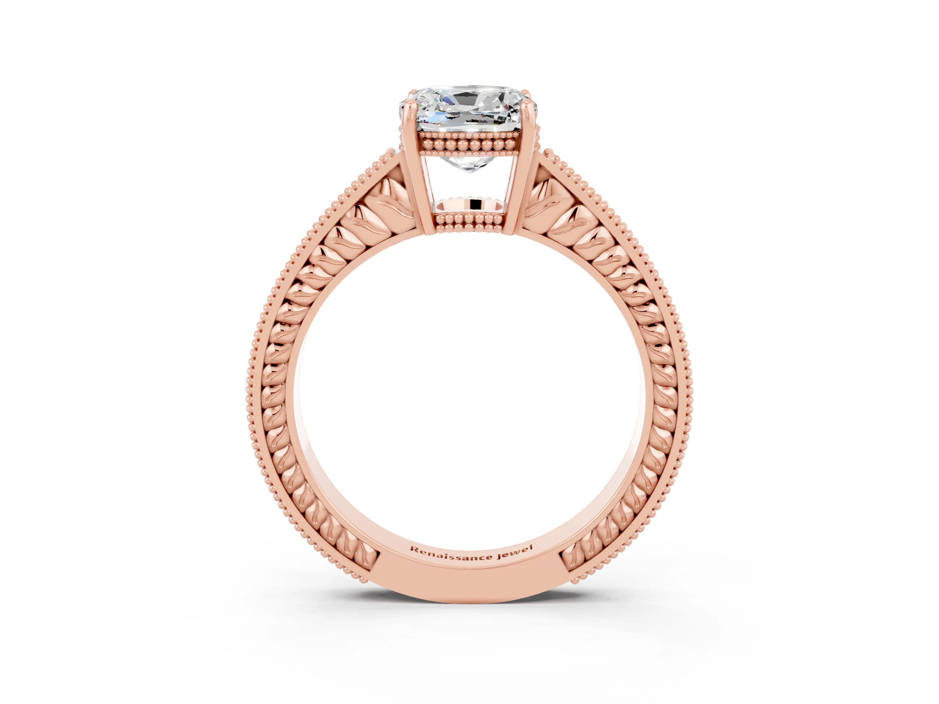 Rose gold Cushion Cut Moissanite Ring with Milgrain Pavé Band and Four-Prong Setting_15