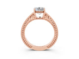 Rose gold Cushion Cut Moissanite Ring with Milgrain Pavé Band and Four-Prong Setting_15