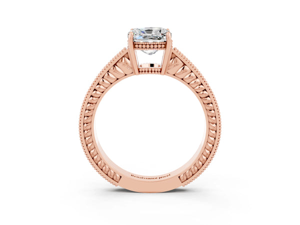 Rose gold Cushion Cut Moissanite Ring with Milgrain Pavé Band and Four-Prong Setting
