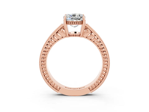 Rose gold Cushion Cut Moissanite Ring with Milgrain Pavé Band and Four-Prong Setting_15