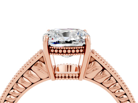 Rose gold Cushion Cut Moissanite Ring with Milgrain Pavé Band and Four-Prong Setting_16