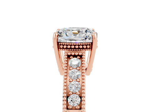 Rose gold Cushion Cut Moissanite Ring with Milgrain Pavé Band and Four-Prong Setting_17