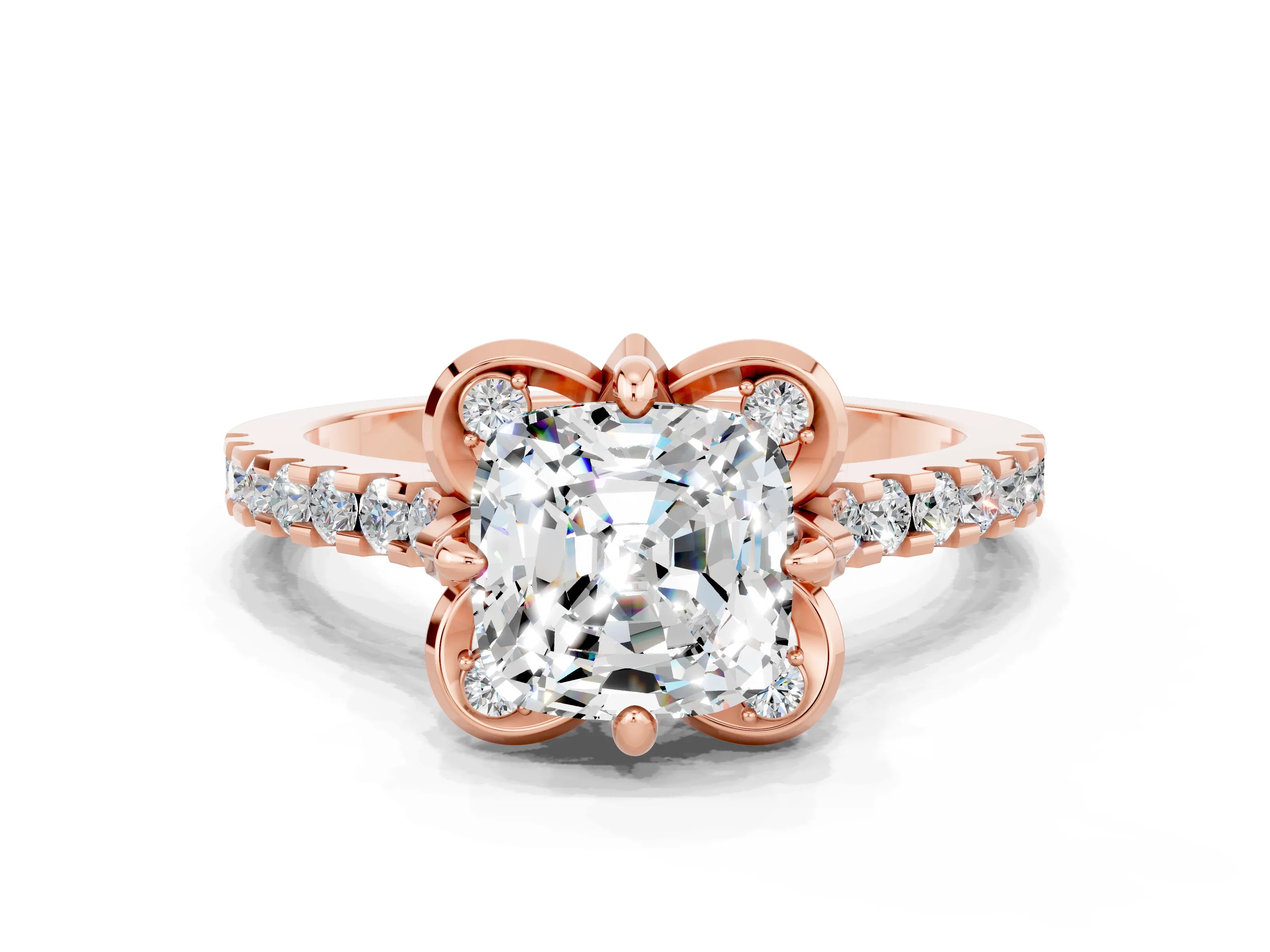 Rose gold Cushion Cut Moissanite Ring with Pavé Band and Floral Prong Setting