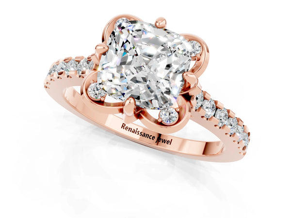 Rose gold Cushion Cut Moissanite Ring with Pavé Band and Floral Prong Setting