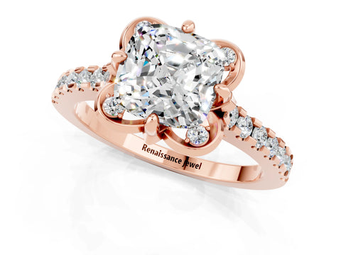 Rose gold Cushion Cut Moissanite Ring with Pavé Band and Floral Prong Setting_1
