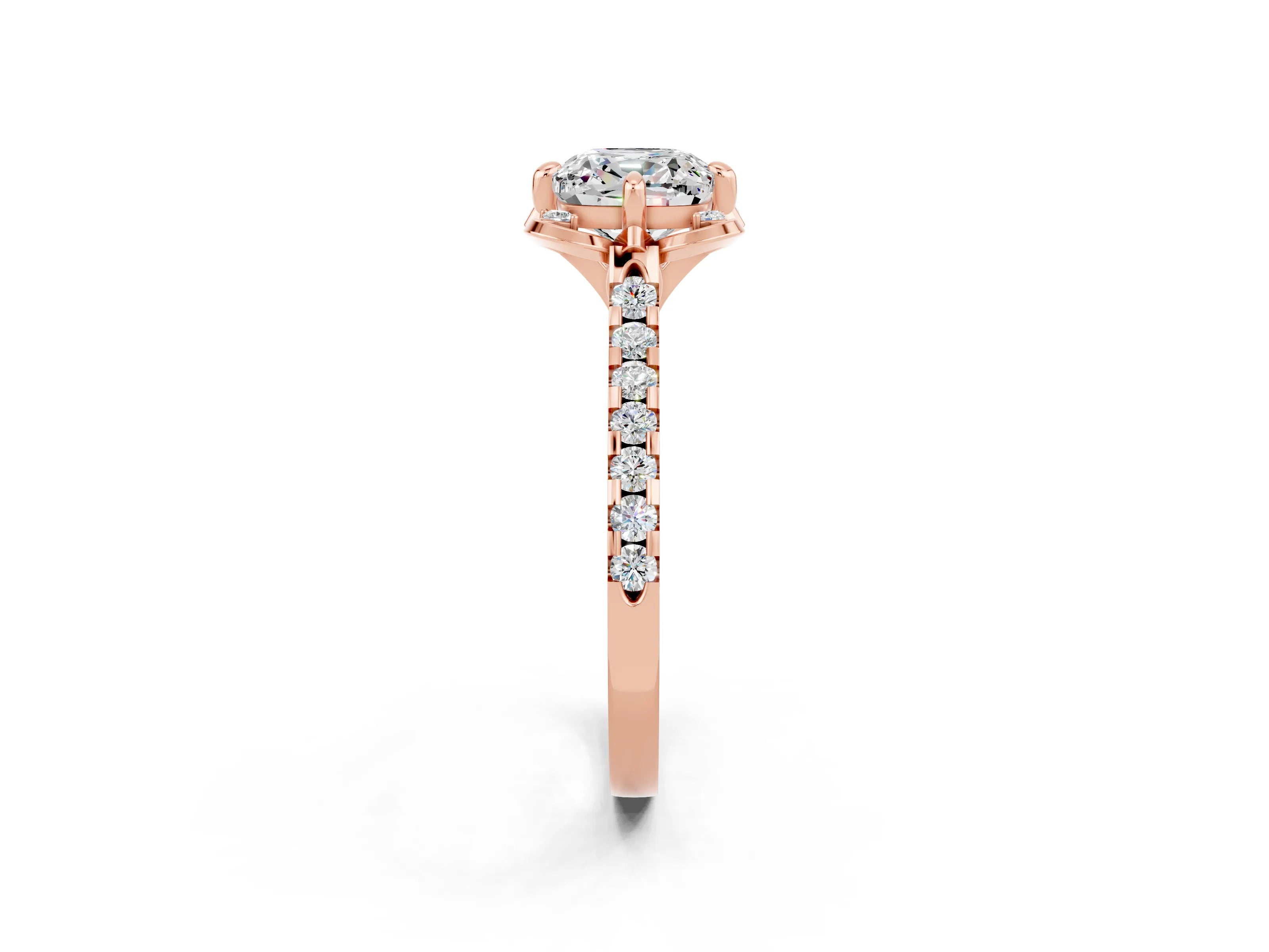 Rose gold Cushion Cut Moissanite Ring with Pavé Band and Floral Prong Setting_2
