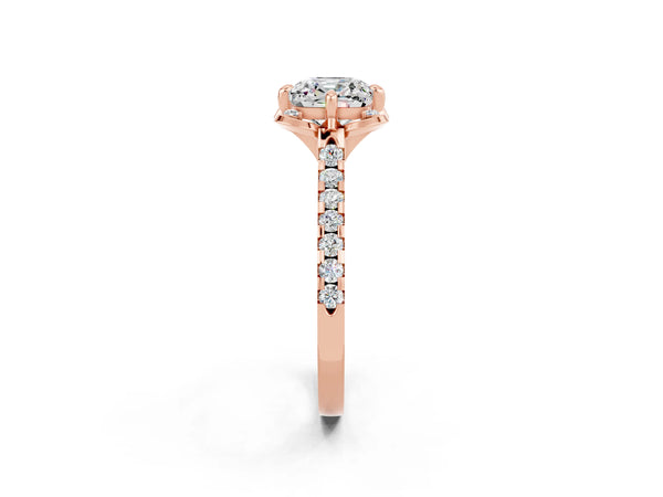 Rose gold Cushion Cut Moissanite Ring with Pavé Band and Floral Prong Setting