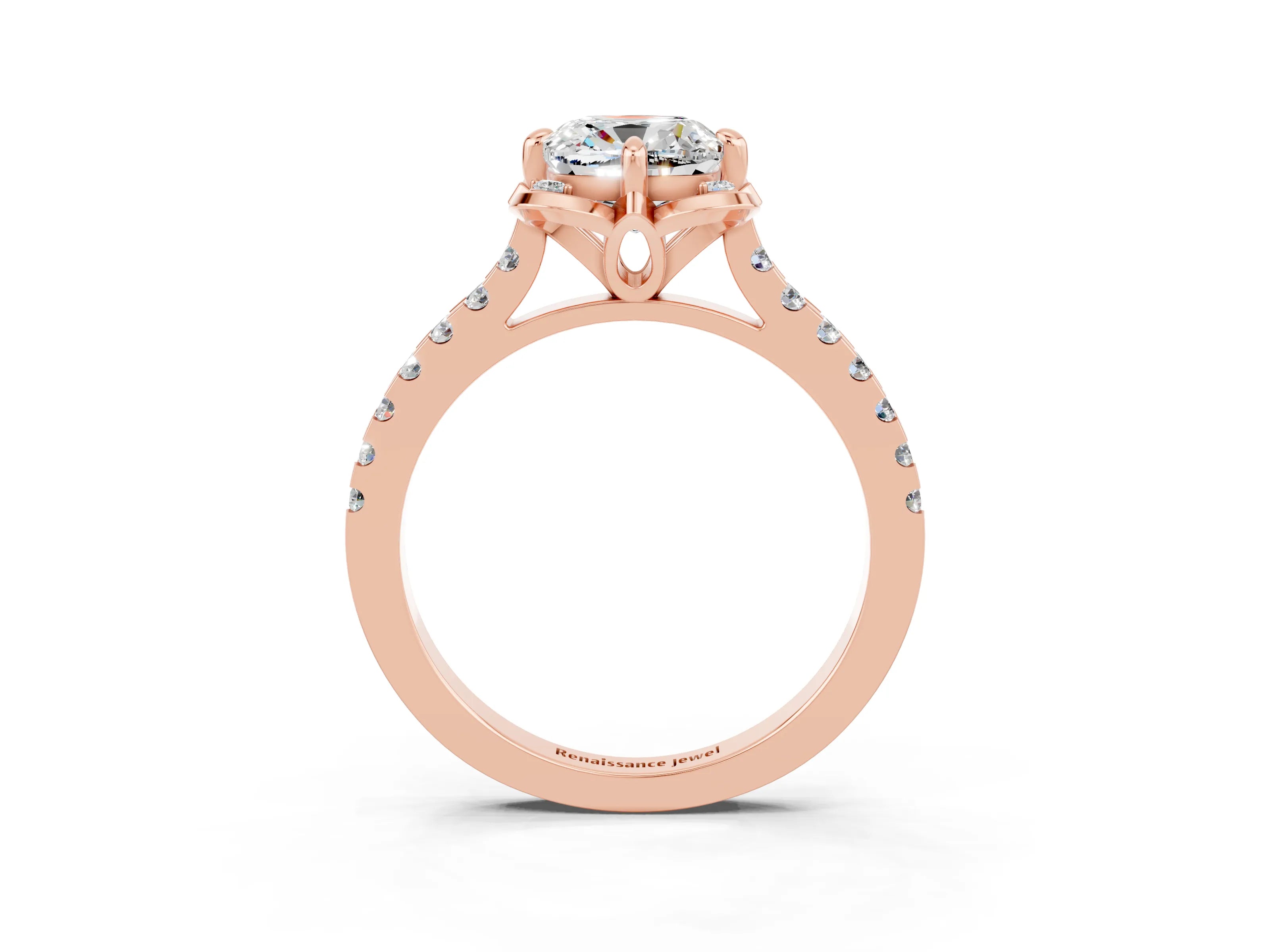 Rose gold Cushion Cut Moissanite Ring with Pavé Band and Floral Prong Setting_3