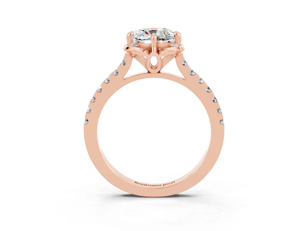 Rose gold Cushion Cut Moissanite Ring with Pavé Band and Floral Prong Setting