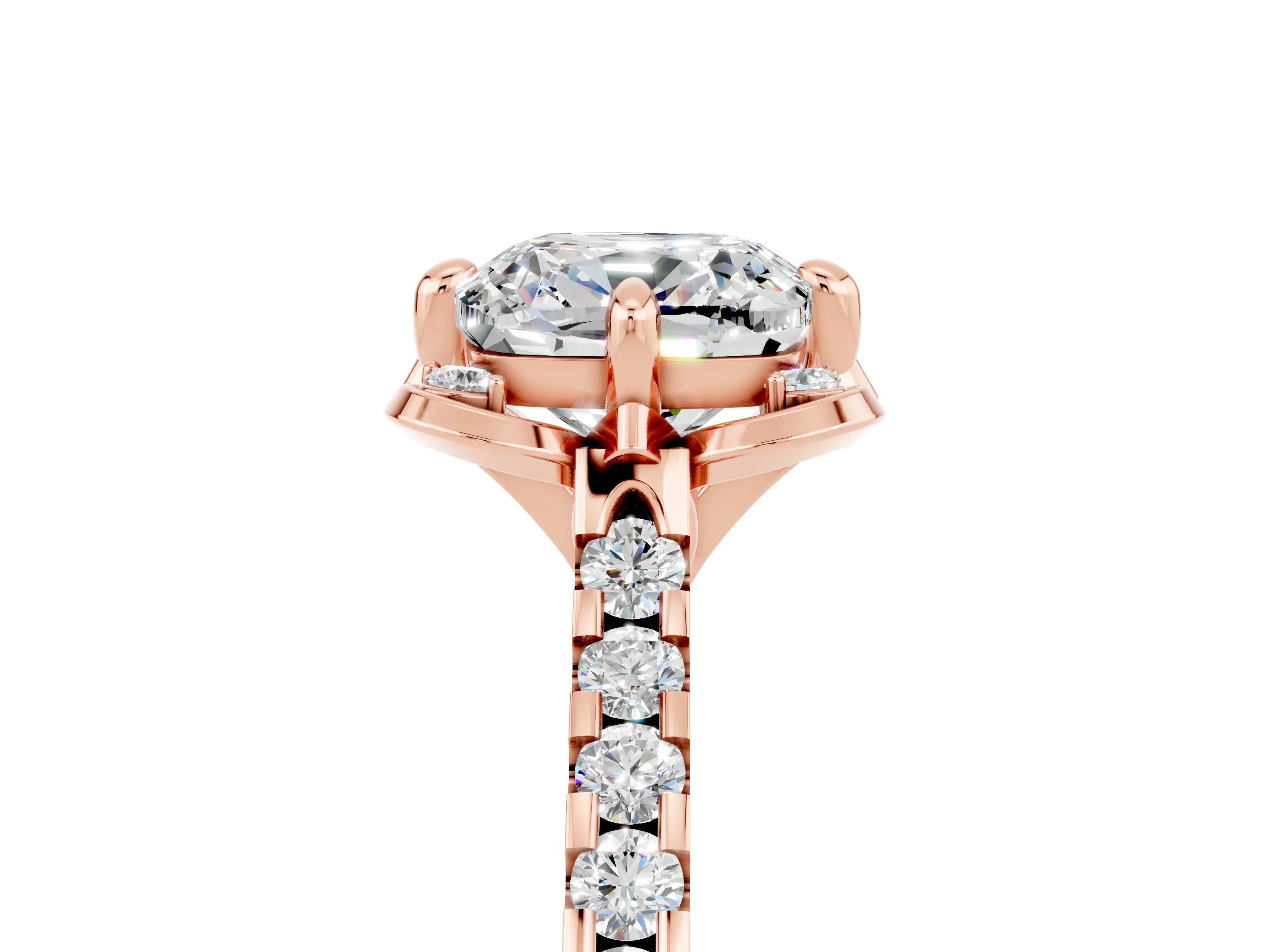 Rose gold Cushion Cut Moissanite Ring with Pavé Band and Floral Prong Setting_5