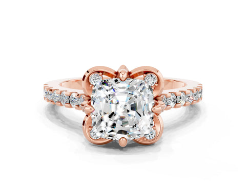 Rose gold Cushion Cut Moissanite Ring with Pavé Band and Floral Prong Setting