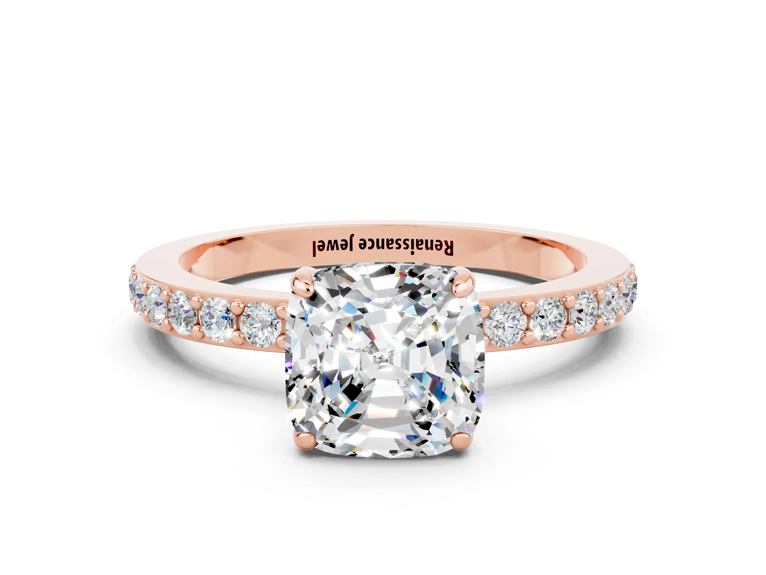 Rose gold Cushion Cut Moissanite Ring with Pavé Band and Four-Prong Setting