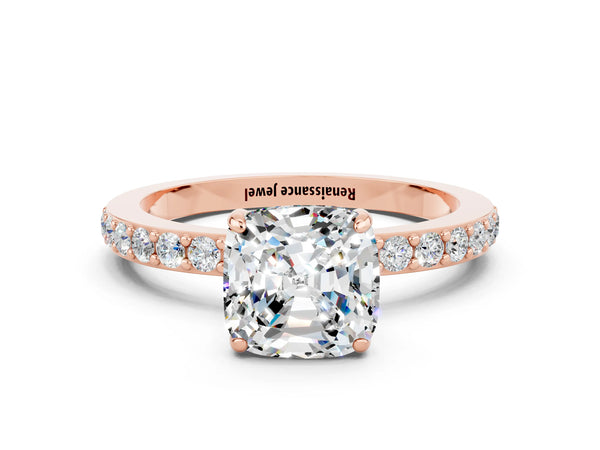 Rose gold Cushion Cut Moissanite Pavé Engagement Ring with Round  Accents and Prong Setting