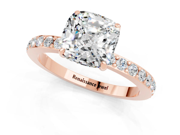 Rose gold Cushion Cut Moissanite Pavé Engagement Ring with Round  Accents and Prong Setting