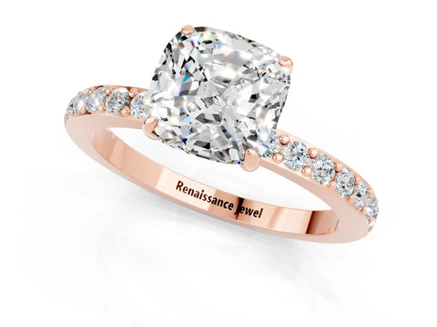 Rose gold Cushion Cut Moissanite Ring with Pavé Band and Four-Prong Setting_1