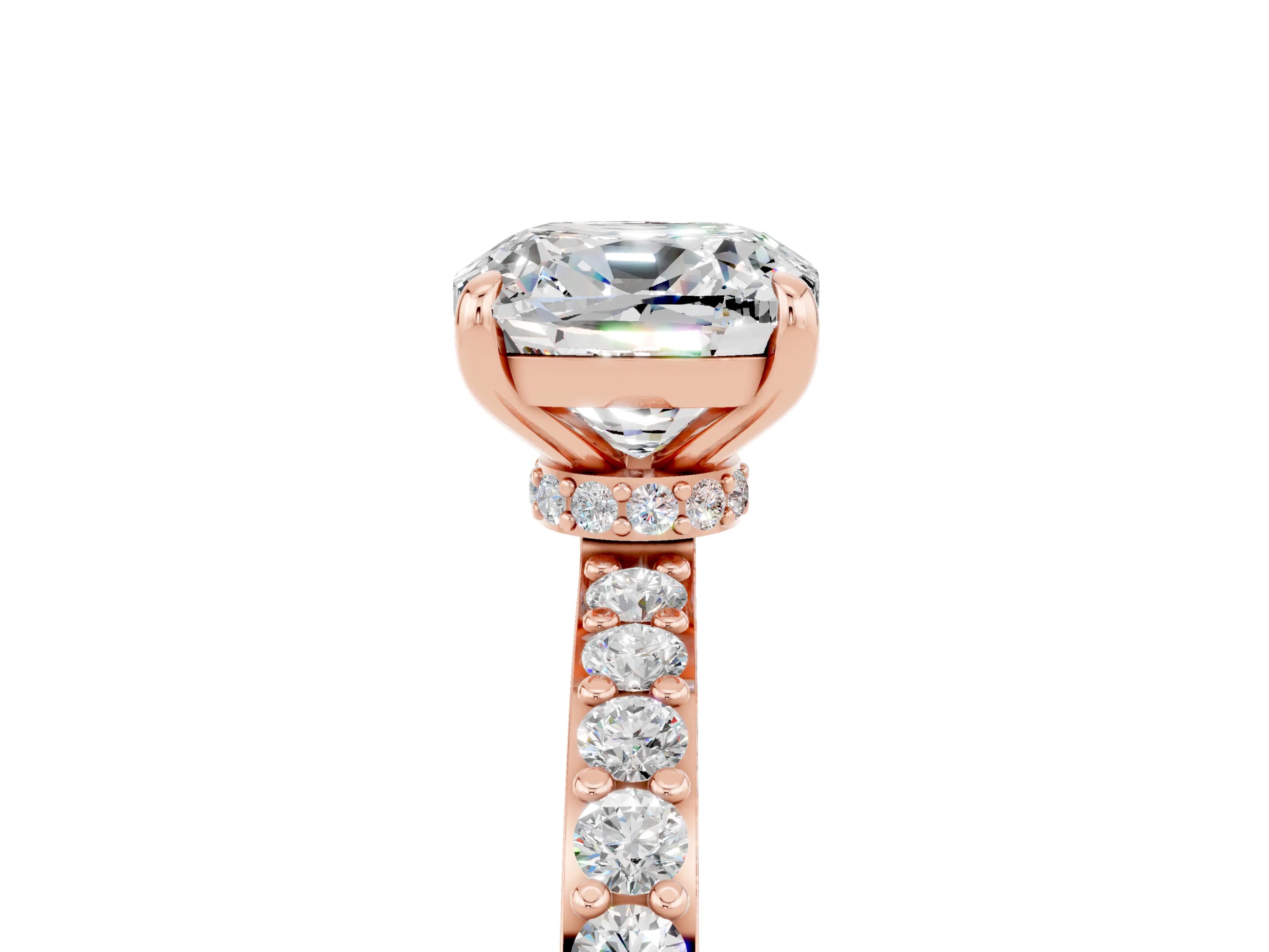 Rose gold Cushion Cut Moissanite Ring with Pavé Band and Four-Prong Setting_5