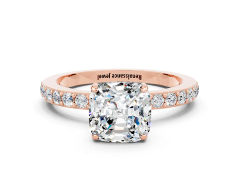 Rose gold Cushion Cut Moissanite Ring with Pavé Band and Four-Prong Setting