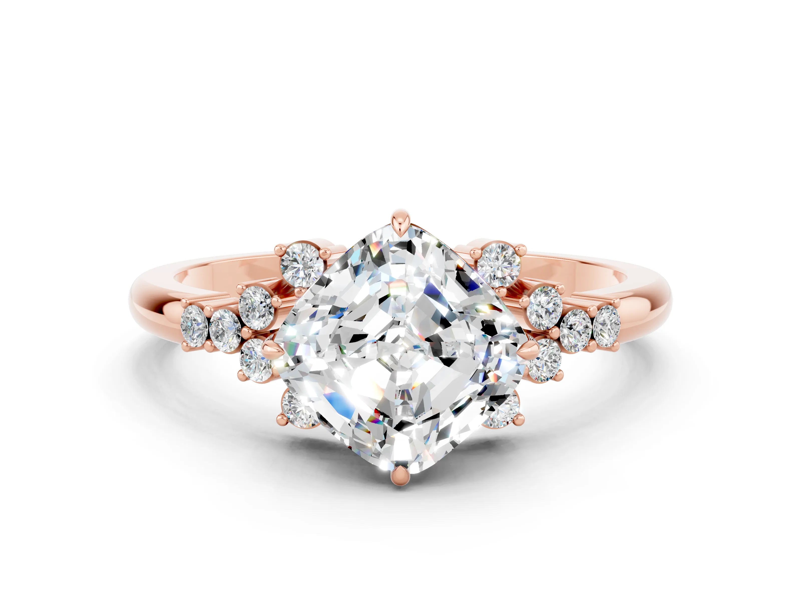Rose gold Cushion Cut Moissanite Ring with Side Stones and Four-Prong Setting_36